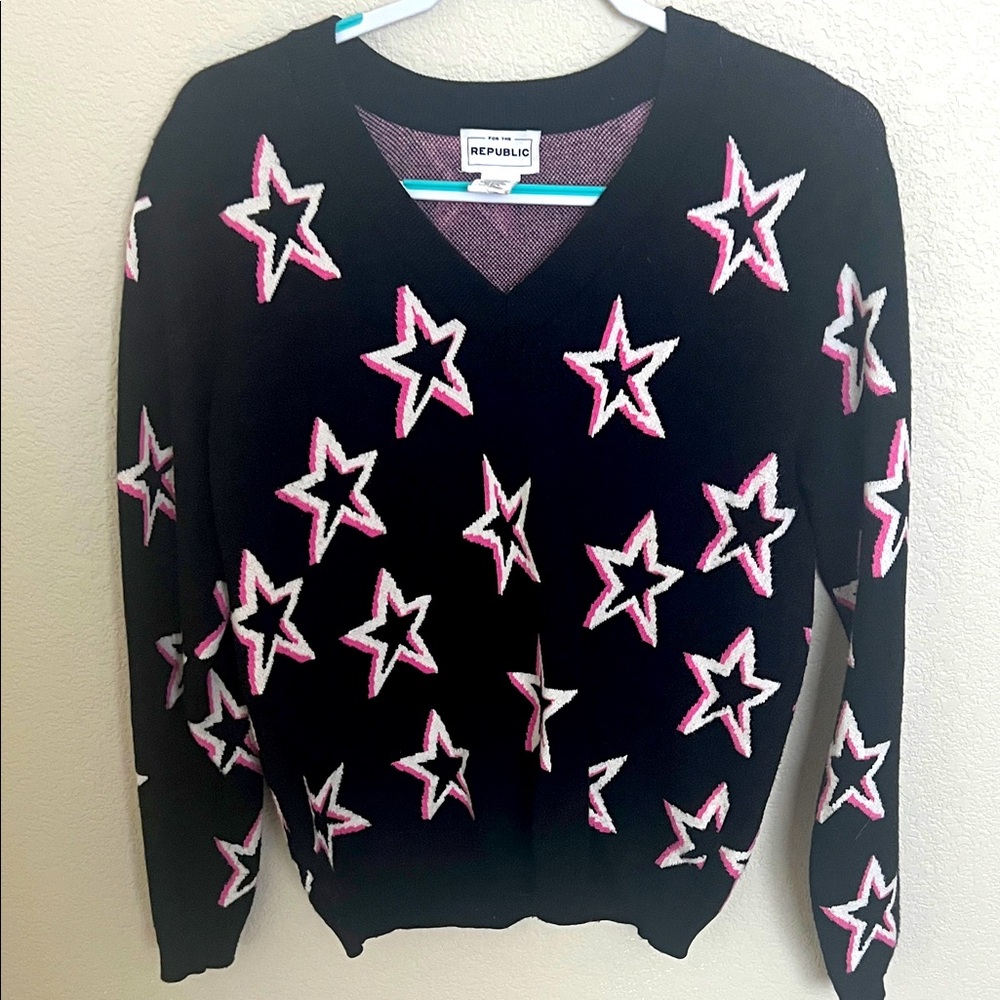 For The Republic Black and Pink Star V-Neck Sweater